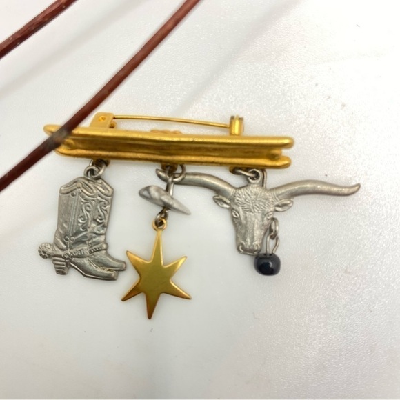 Western Cowboy Boots/ Star/ Cow Skull With Stone Accent Bar Pin Vintage 90's - Picture 3 of 5